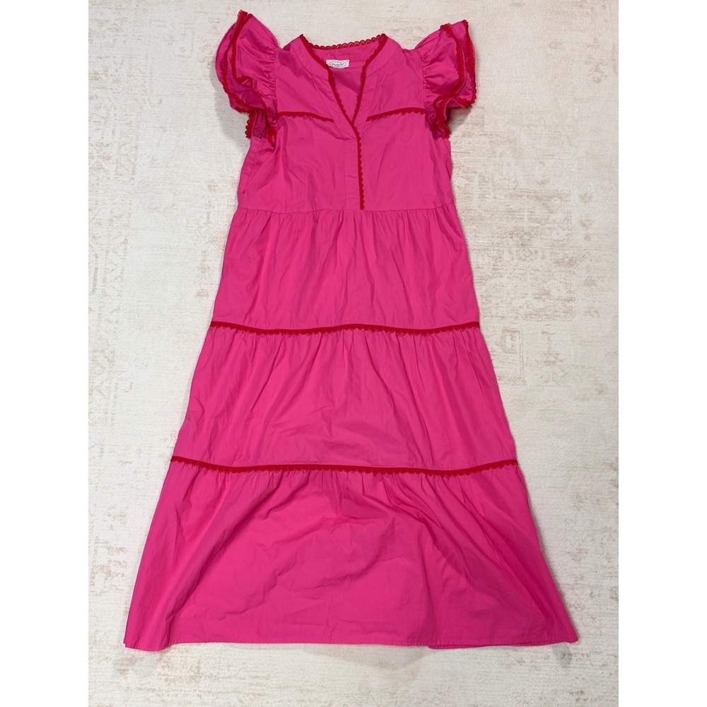 Mud Pie Hot Pink Ric-Rac Trim Tiered Maxi Dress Flutter Sleeve Small